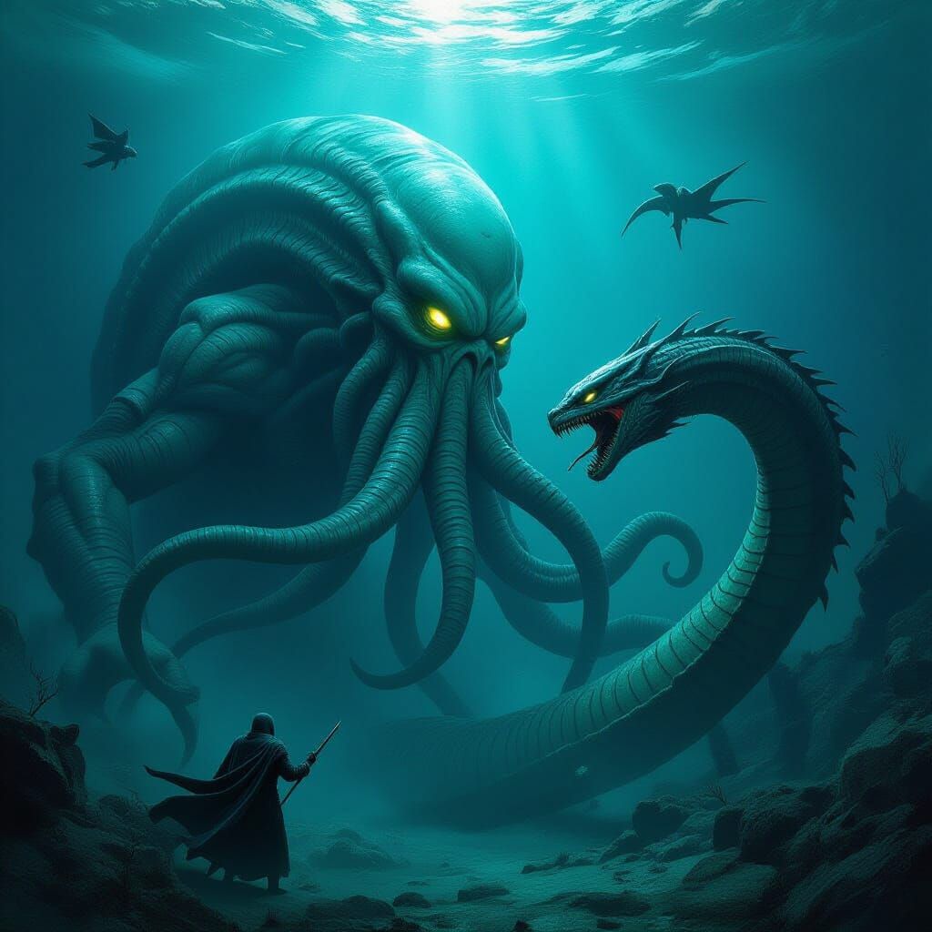 Cthulhu Battles Leviathan in Dark Underwater Realm