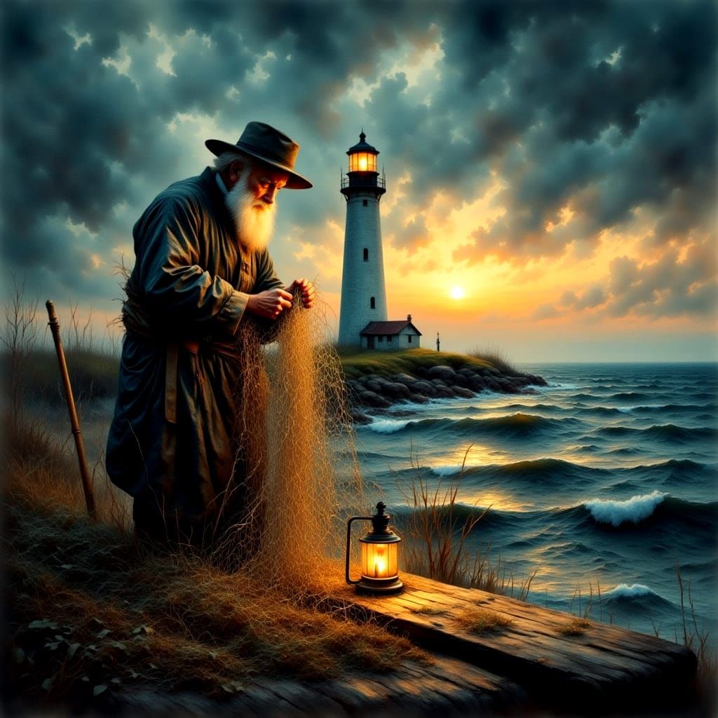 Lighthouse Keeper Mending Net in Stormy Dusk