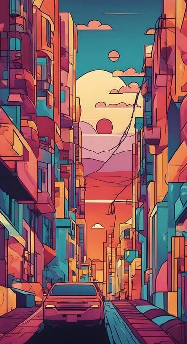 a sunset, colorful, flat colors, 2d, exaggerated shapes, sym...