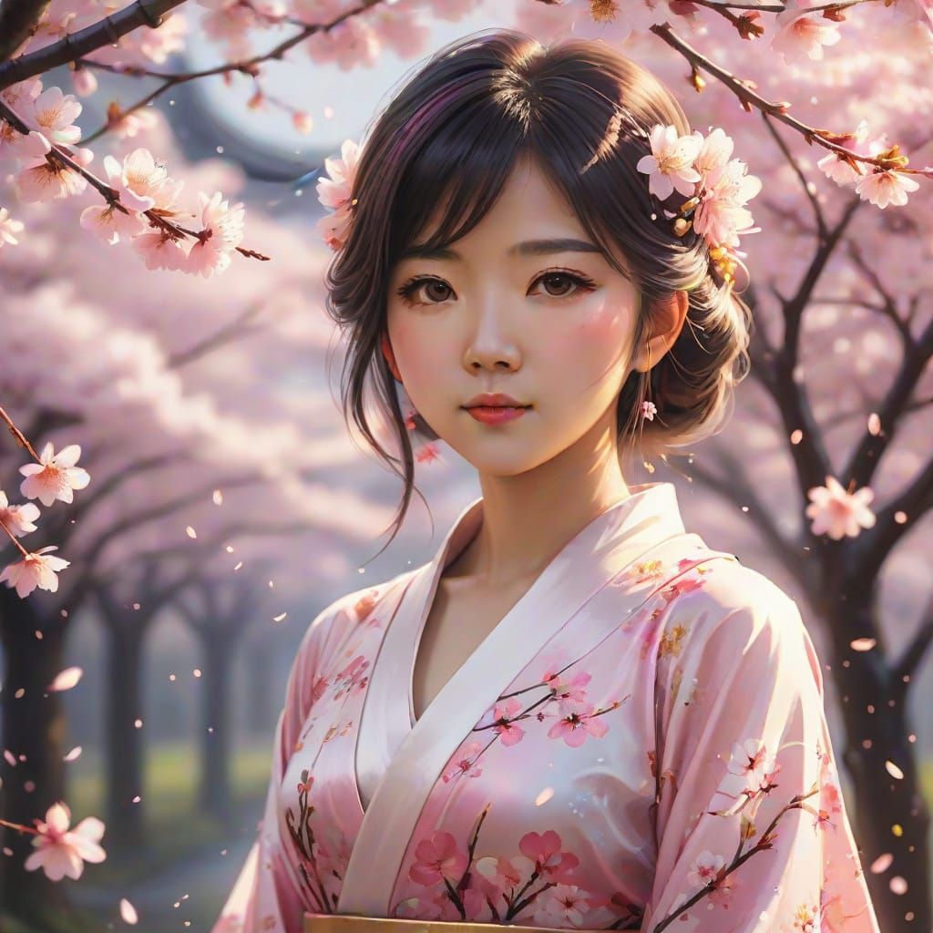 Japanese Woman in Sakura Dress: Anime Portrait