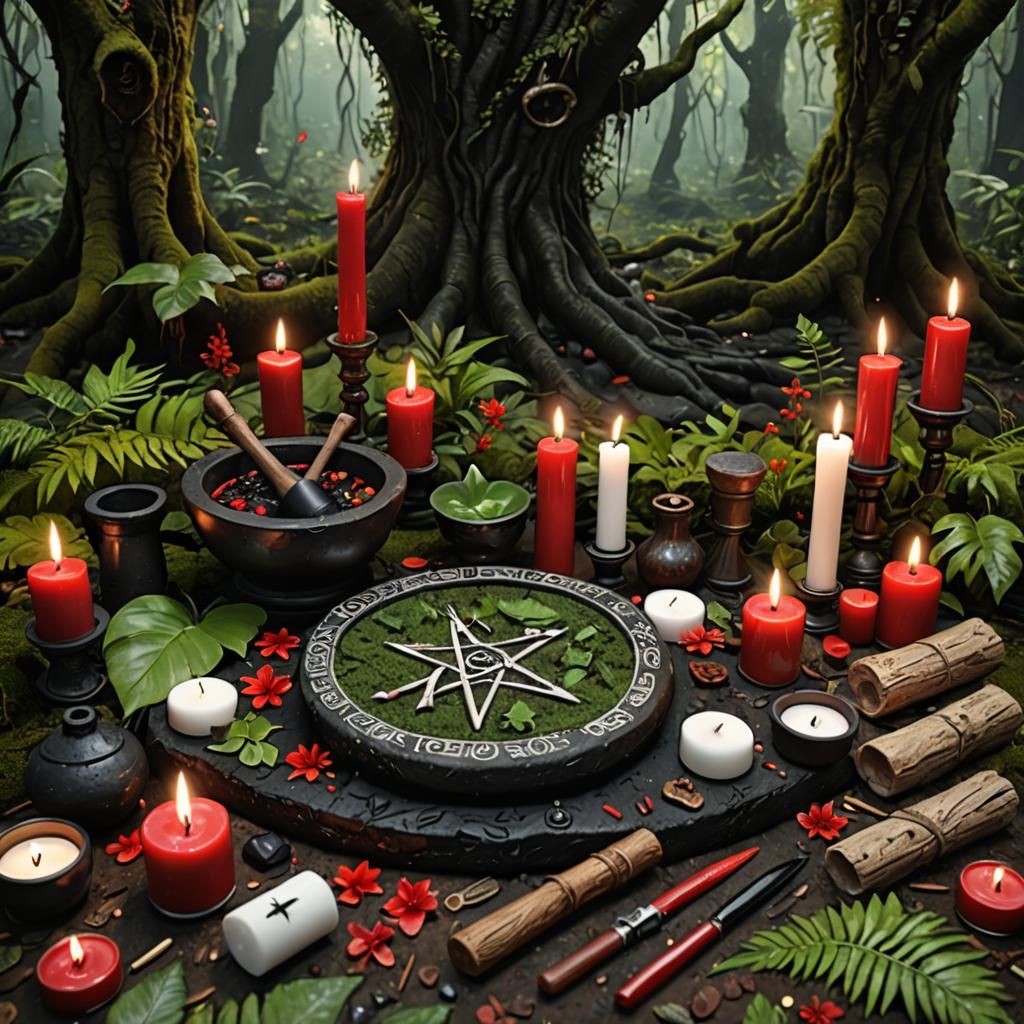 Detailed Wiccan Altar in Rainforest Setting