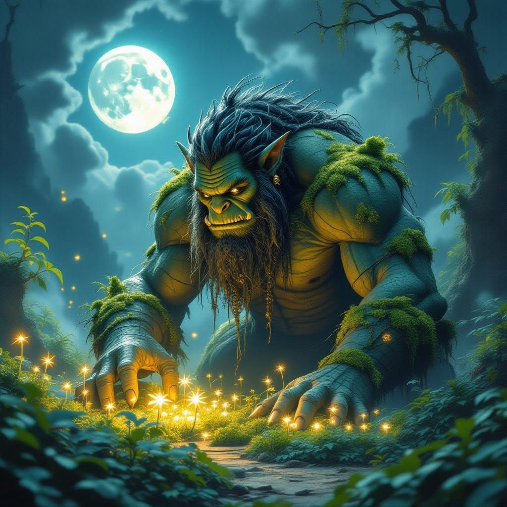 Ogre Tends Glowing Garden Under Twin Moons