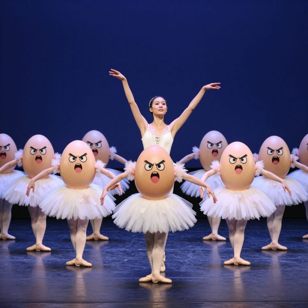 Angry Eggs Dancing in Ballet Outfits on Stage