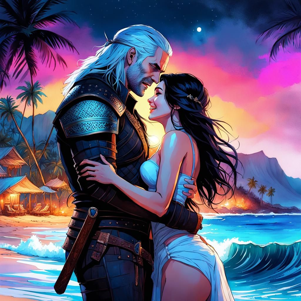 Geralt and Yennefer's Hawaiian Vacation, Watercolor Art