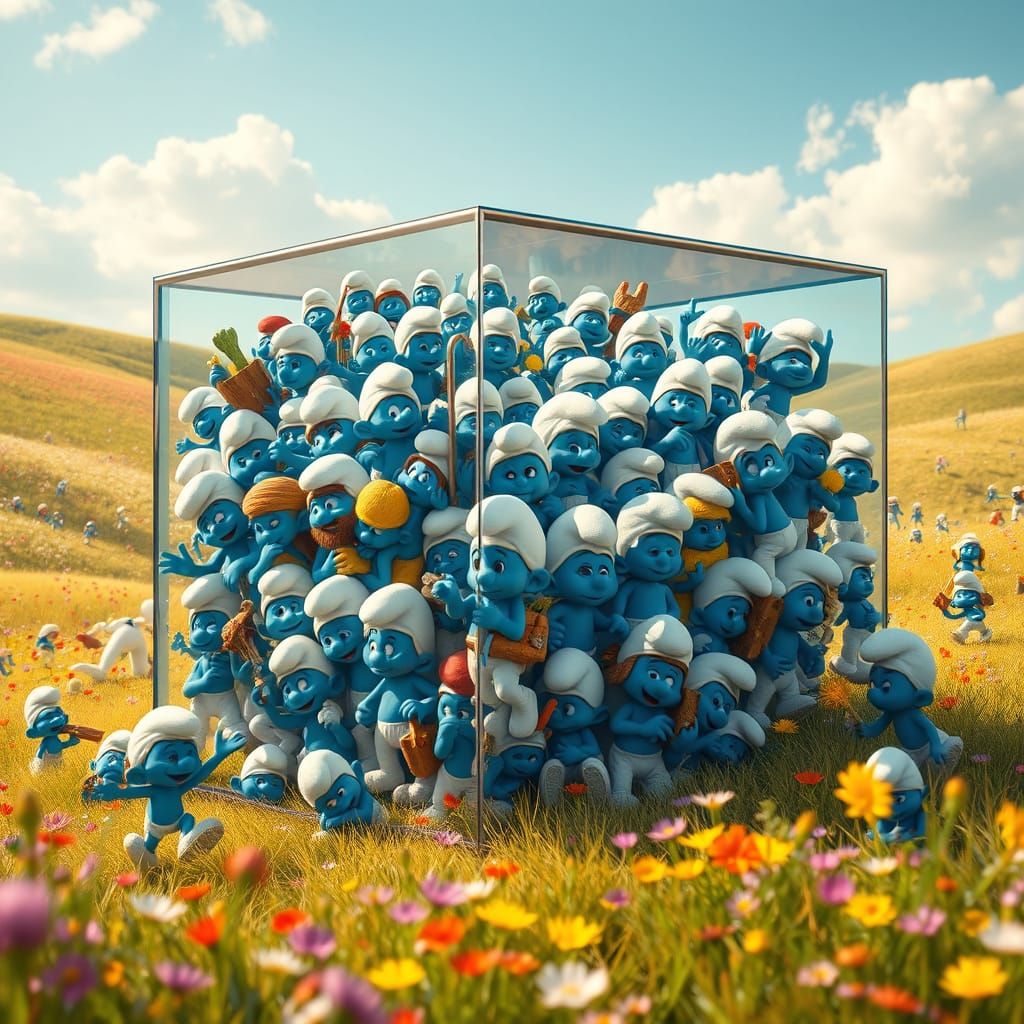 Hyperrealistic Glass Cube Filled With Humorous Smurfs