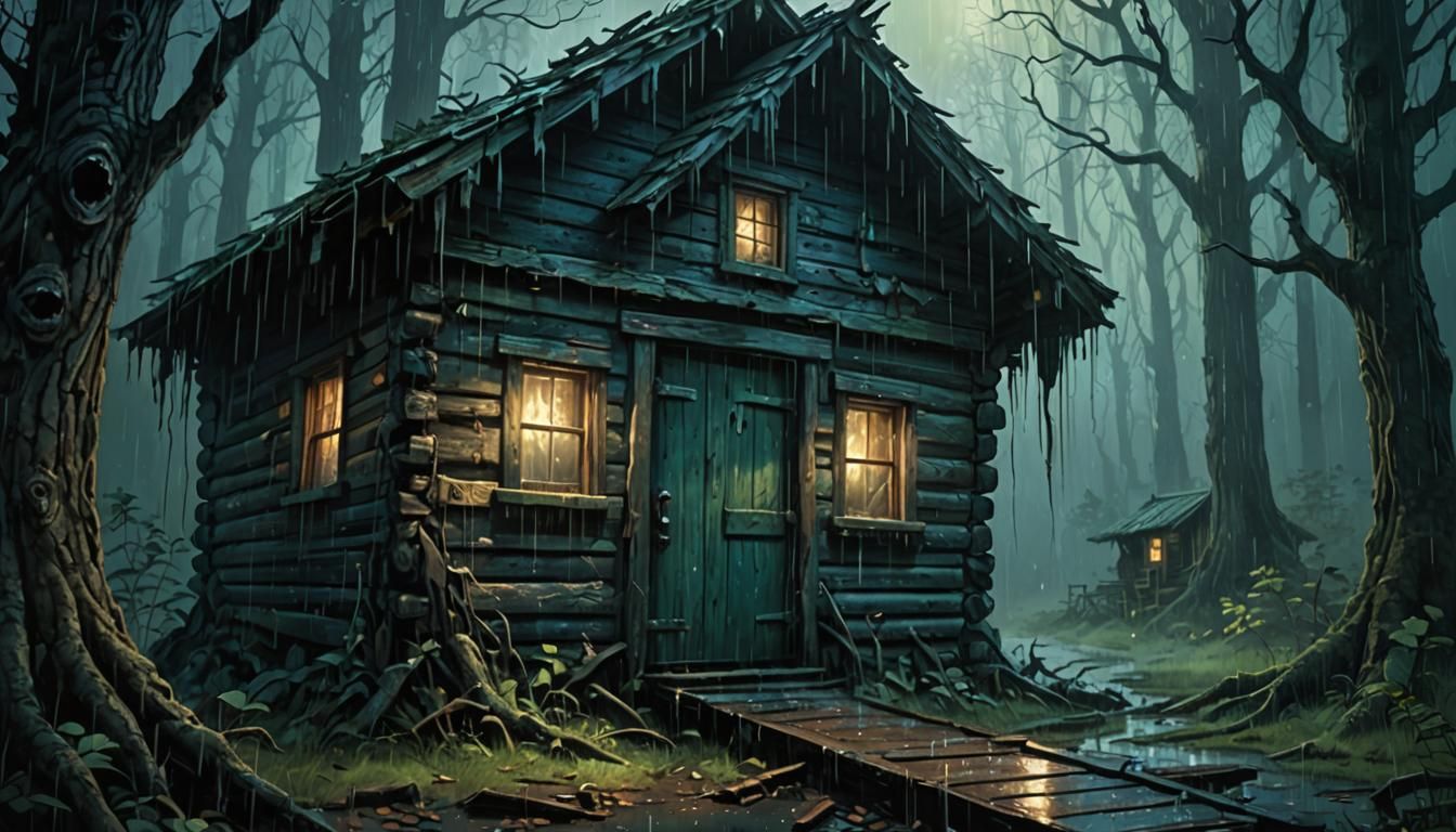 Eerie Ghost Emerges from Cabin in Dark Fantasy Art
