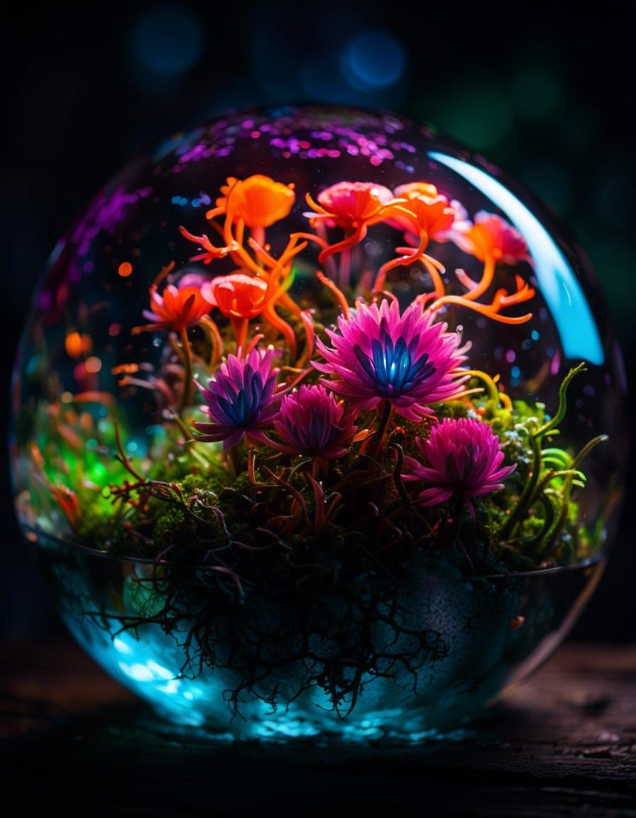 Bioluminescent Neon Flora in Glass Orb Splash Art