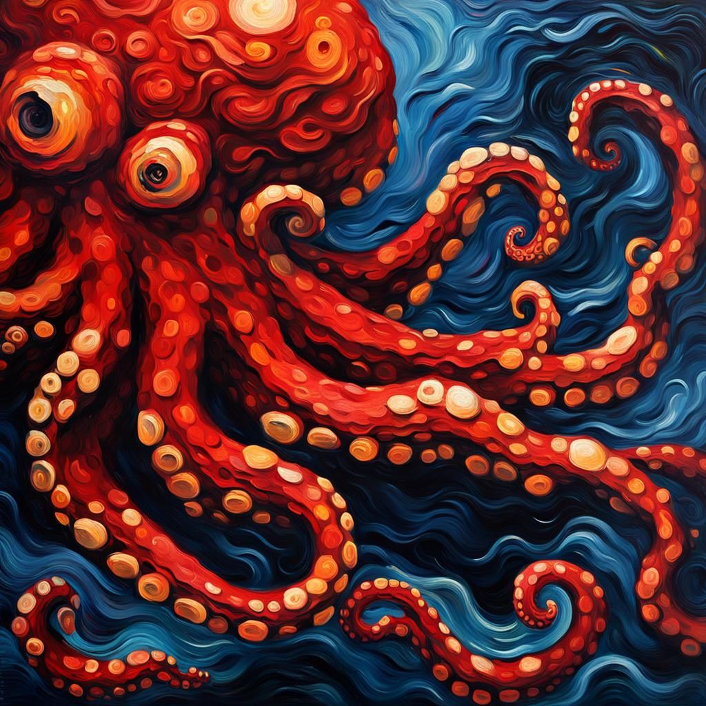 Red Octopus Tentacle in Deep Water, Neo-Impressionist Style