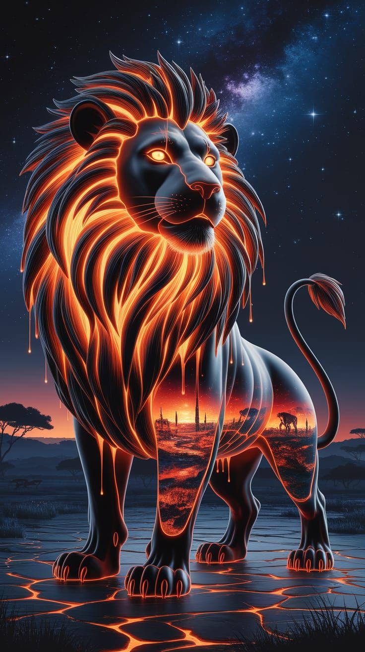 Lava Lion on Savannah in Digital Art