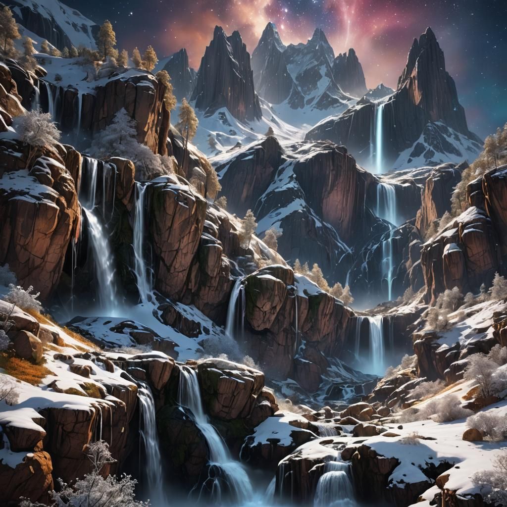 Snow-Capped Peaks with Waterfalls of Light