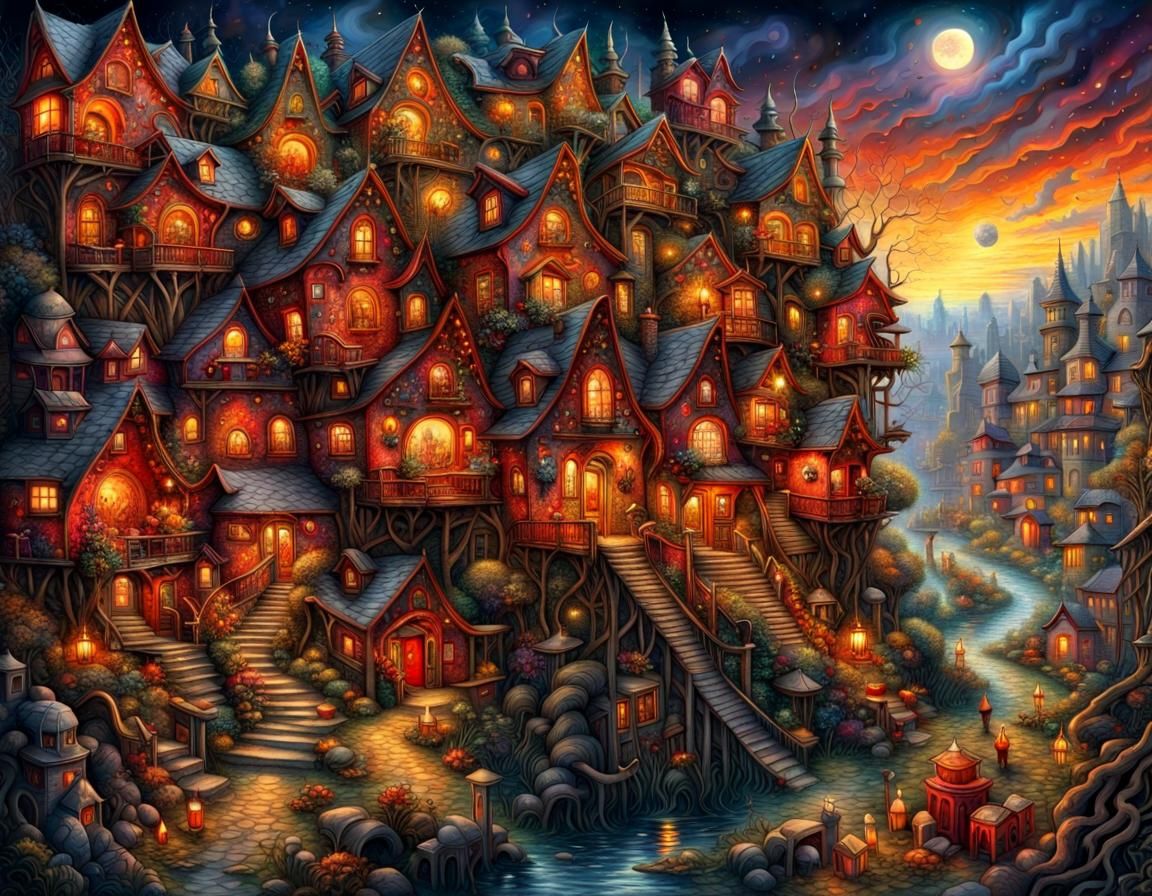 Enchanted Demon Town in Maximalist Style