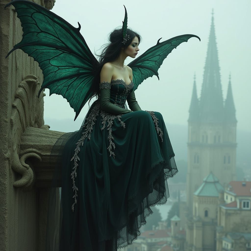 Gothic Fairy with Raven Wings on Gargoyle