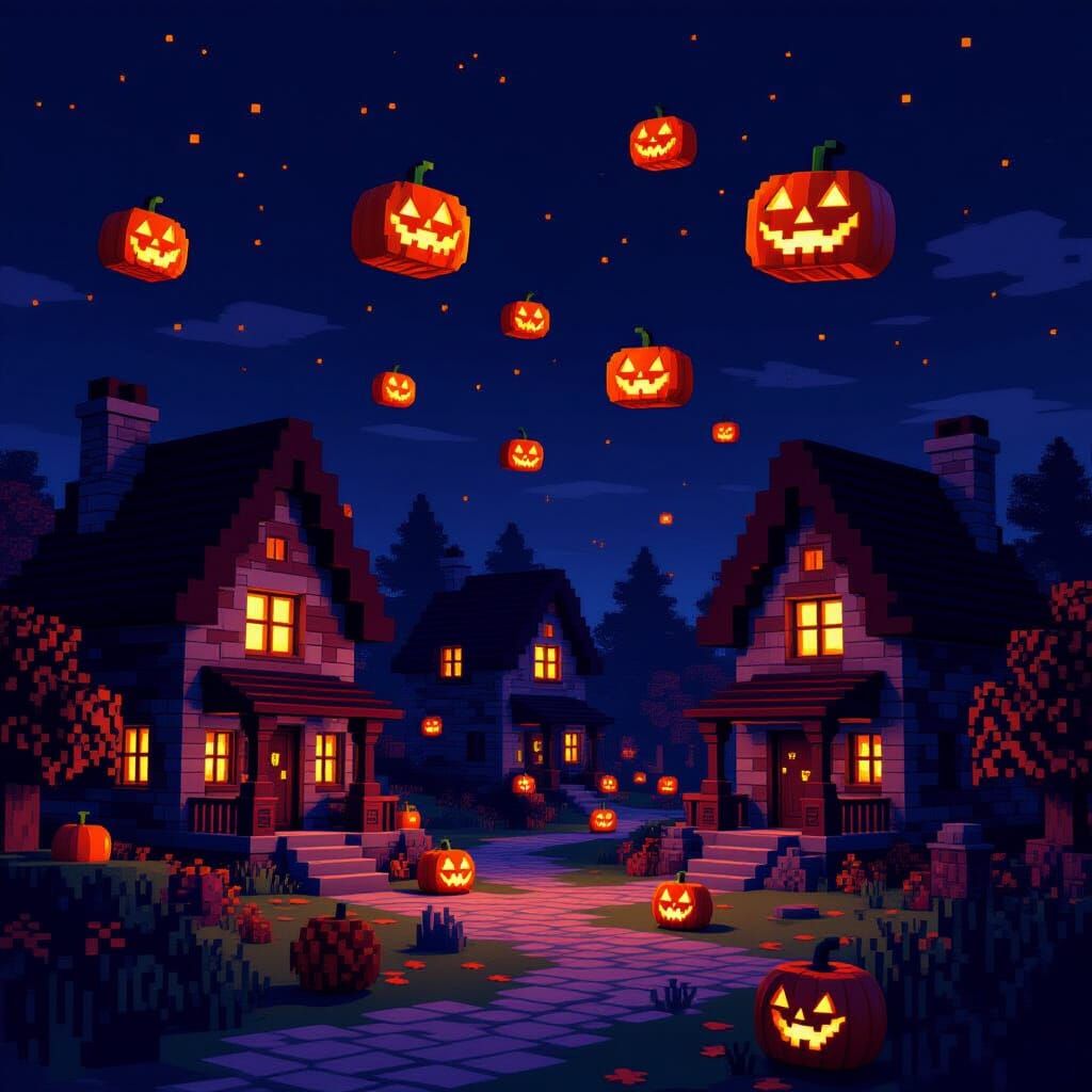 Minecraft Halloween Village with Flying Pumpkins