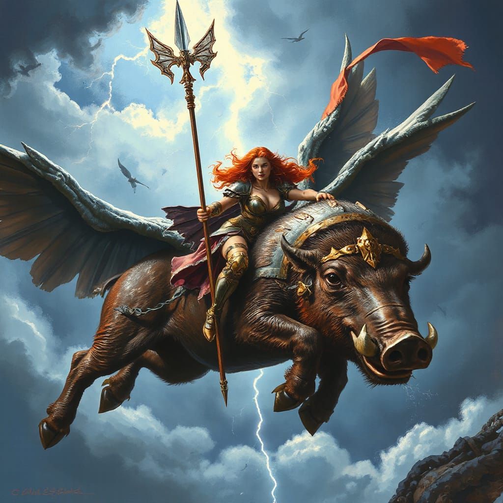 Valkyrie on Winged Boar in Heroic Fantasy Style