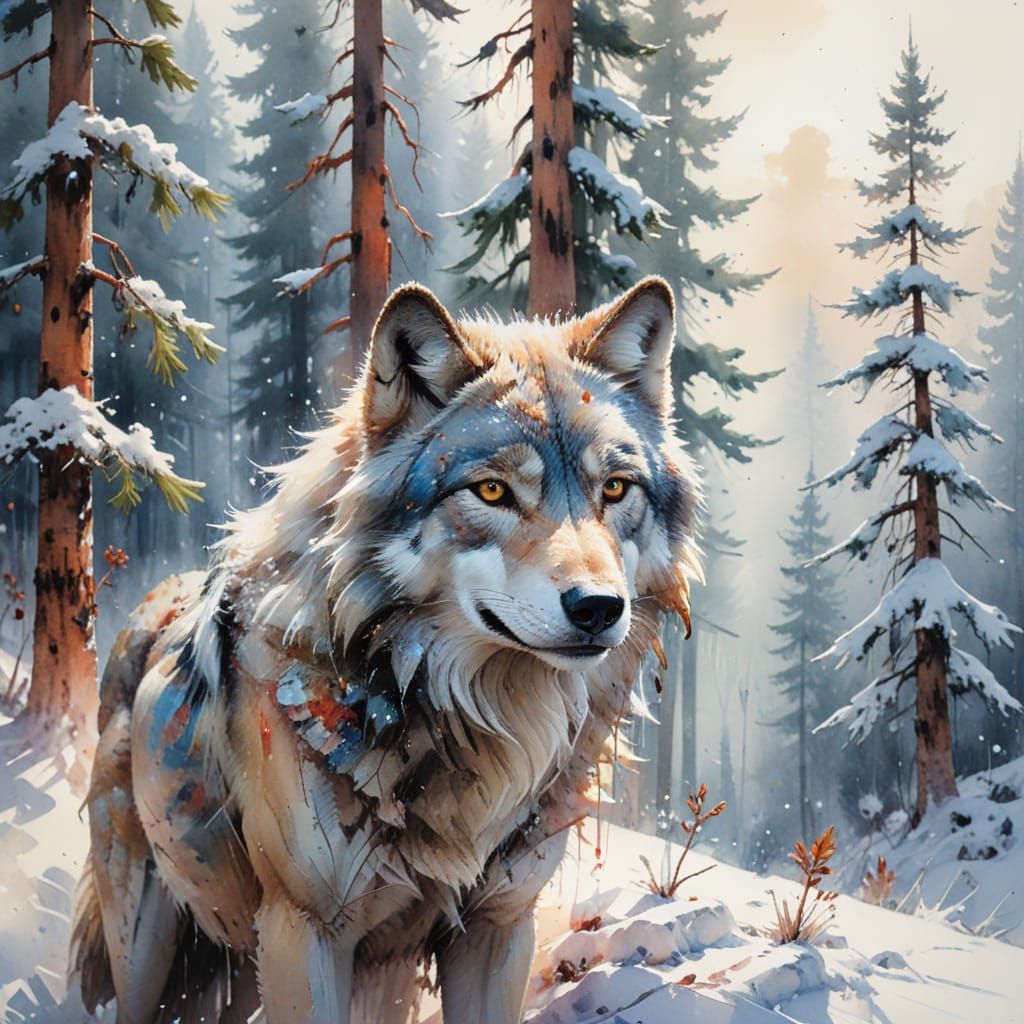Majestic Wolf on Snowy Ridge: Watercolour Fusion