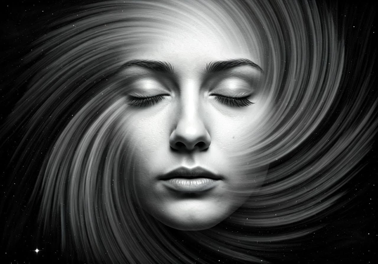Surreal Black and White Portrait of a Face in Cosmic Swirl