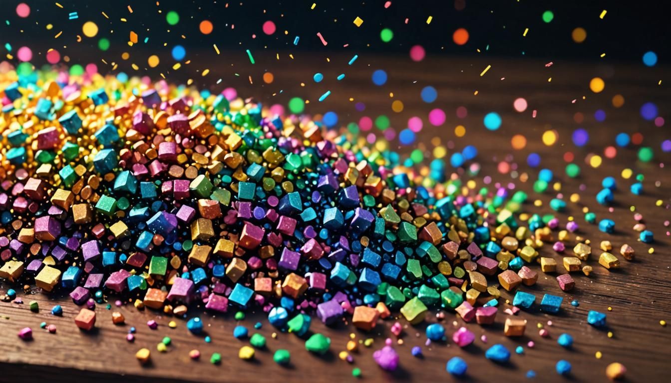 Sparkling Rainbow Dust on Wooden Shelf in Digital Art