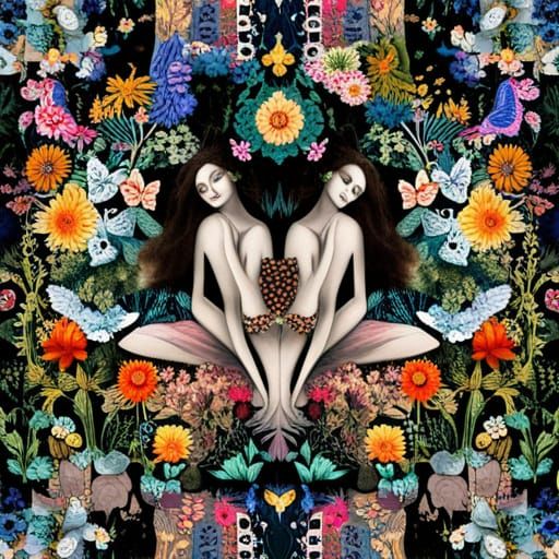 Enchanted Flower Dreamscape with Winged Fairy Couple