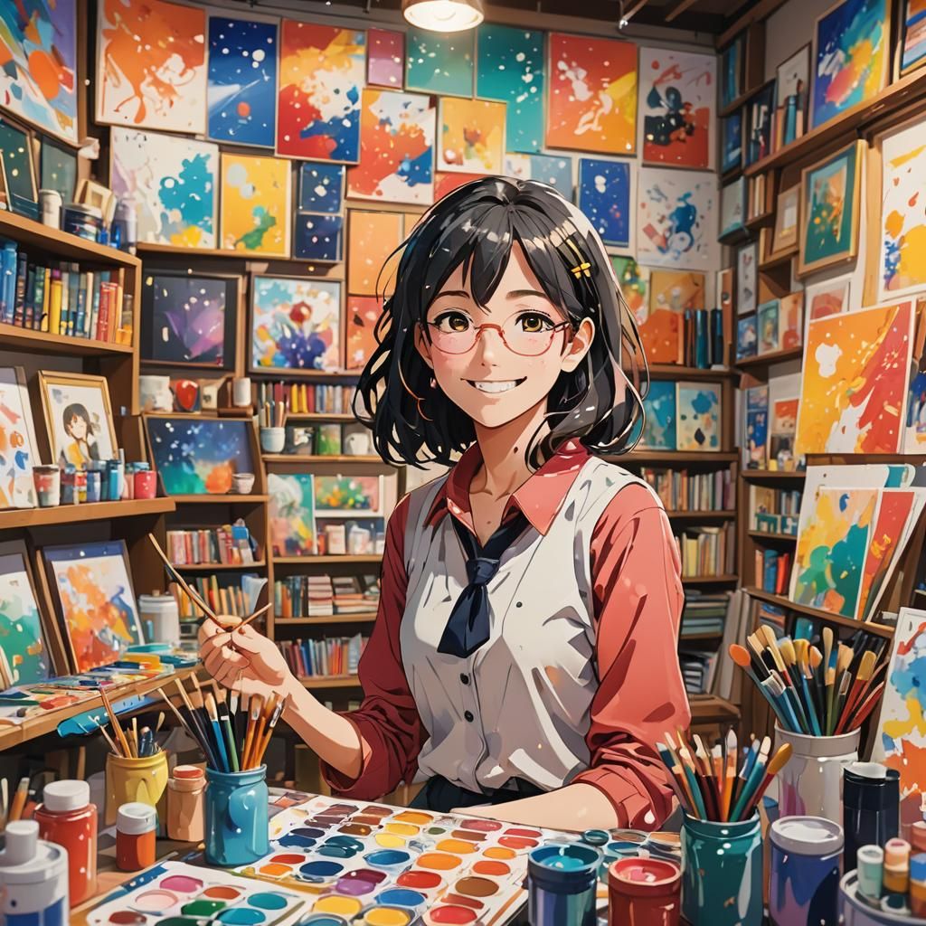 Anime Woman in Colorful Art Studio