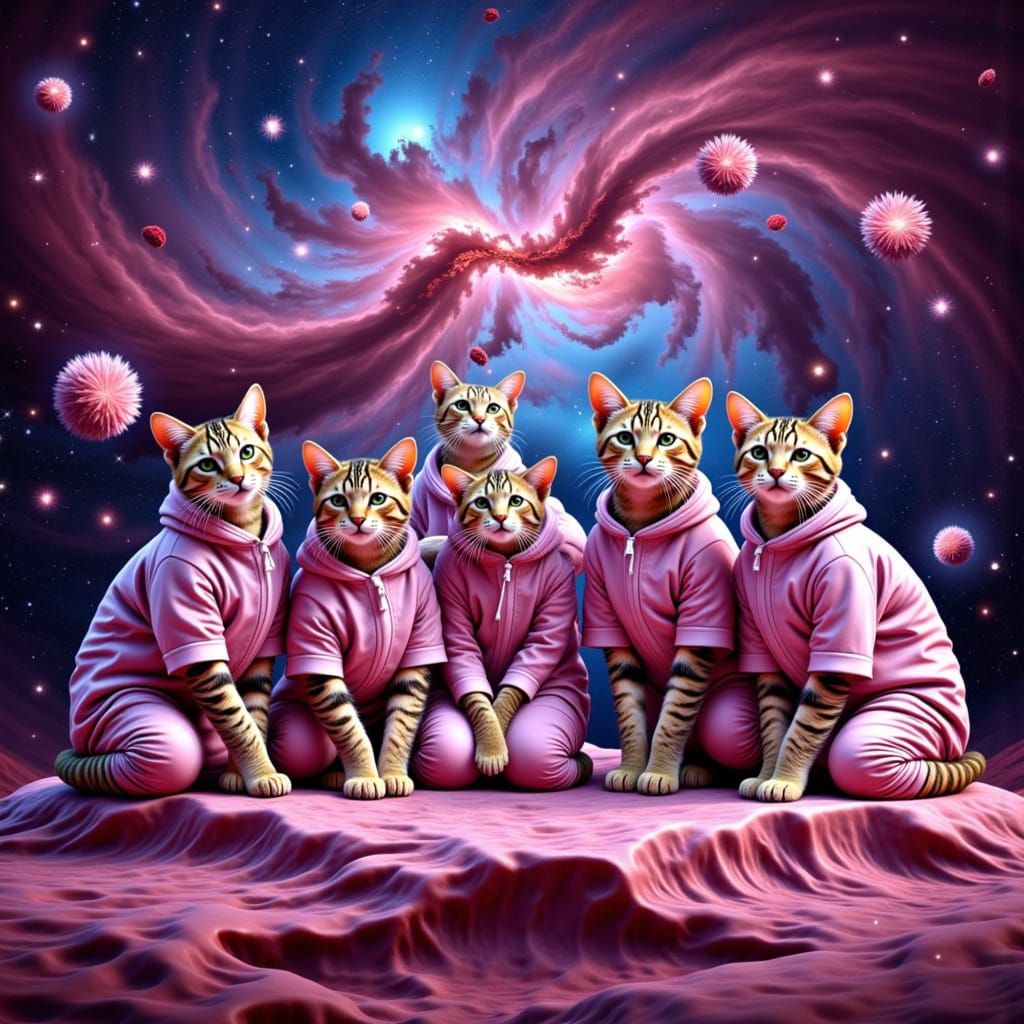 Cats in Vibrant Nebula, Lava-Inspired Digital Art