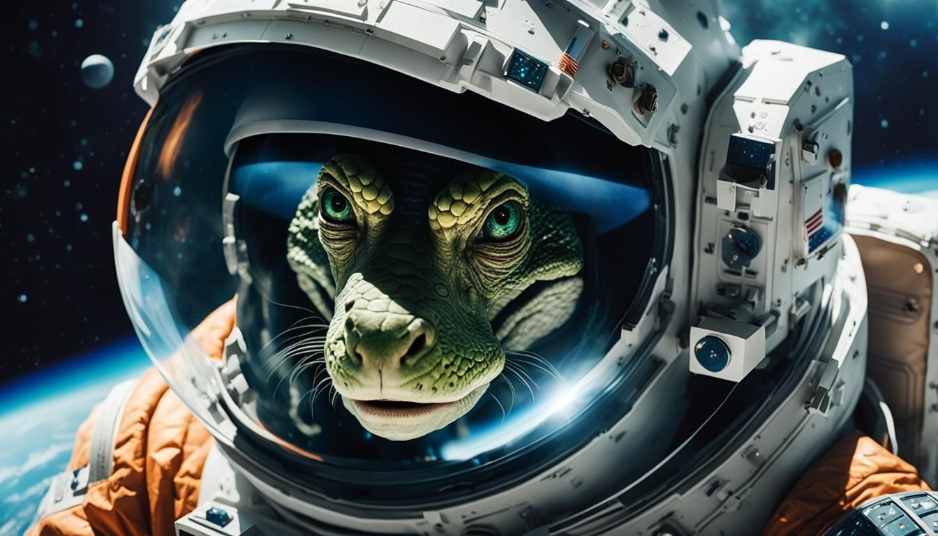 Reptilian Astronaut in Spacesuit Above Earth