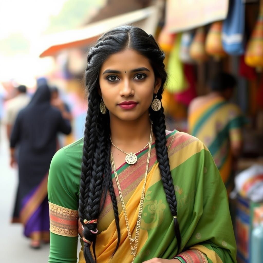 Young Indian Woman in Traditional Dress with Intricate Braid...