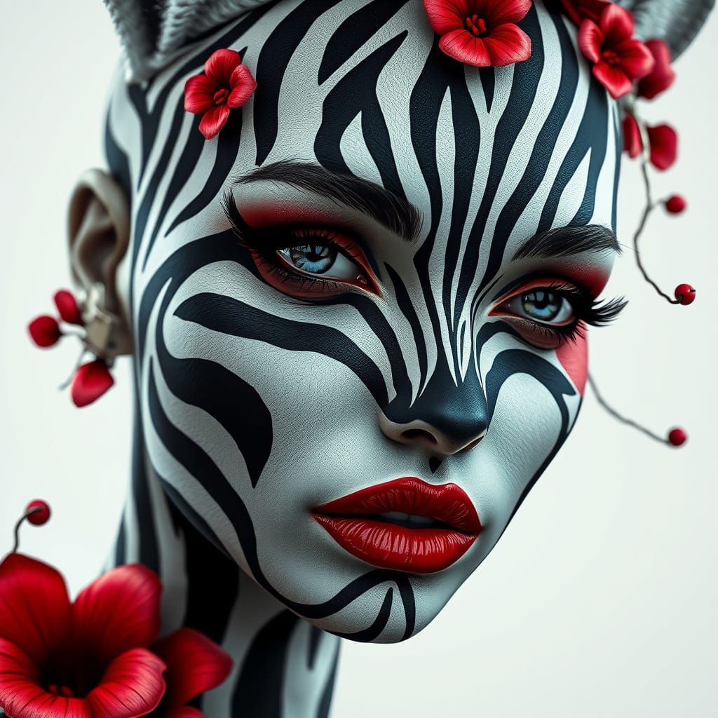 Stunning High-Fantasy Portrait of a Woman with Zebra-Striped...