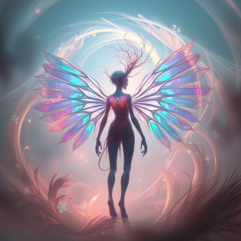Luminous Being with Iridescent Wings Amidst Ethereal Aura