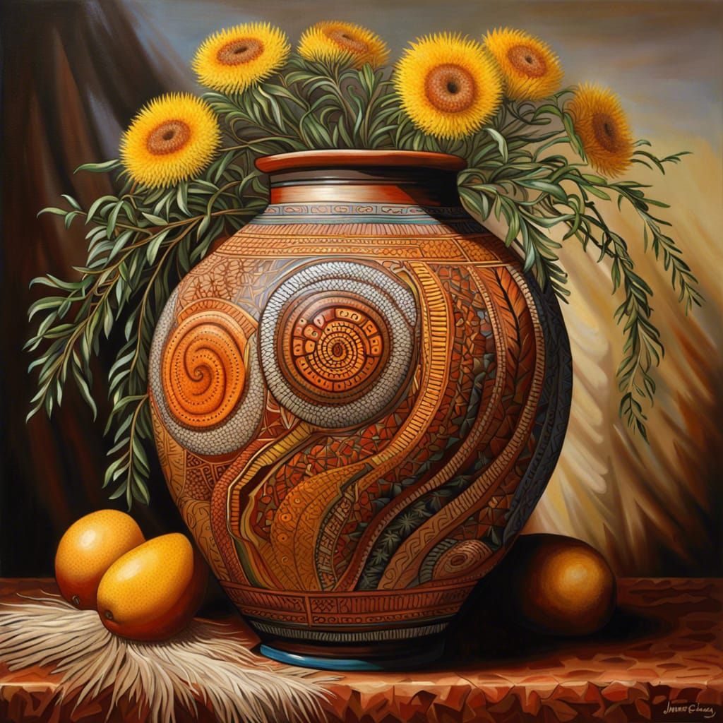 Still Life - Australian Aboriginal Vase with Strawflowers