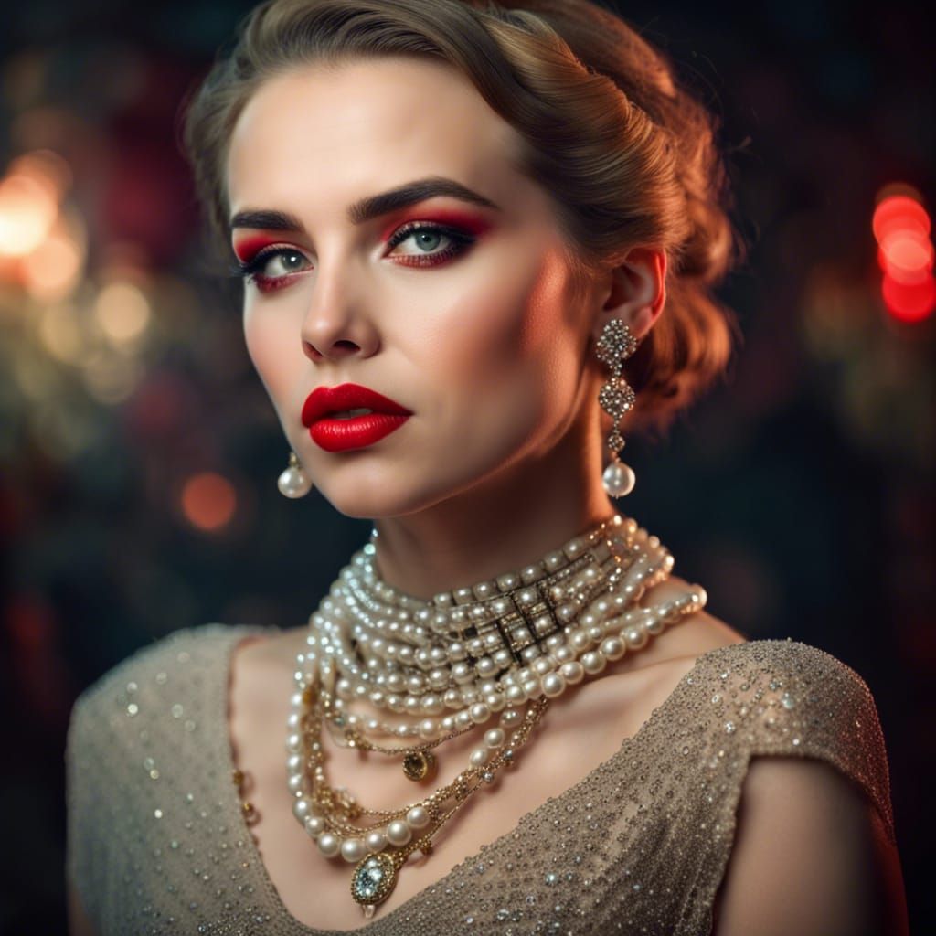 Vintage Portrait of Young Woman with Red Lips