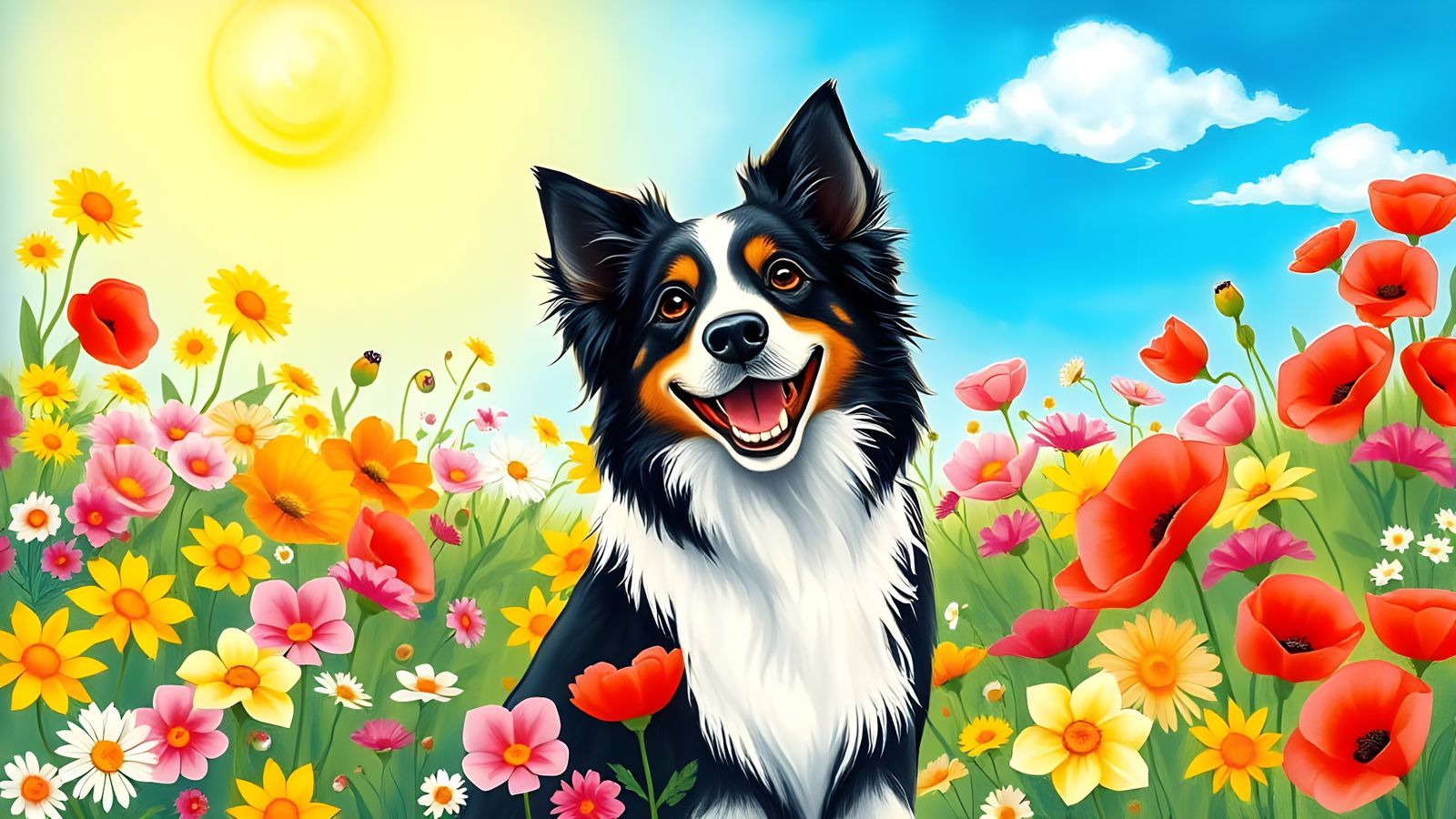 A Black-and-White Border Collie Sits in a Colourful Garden