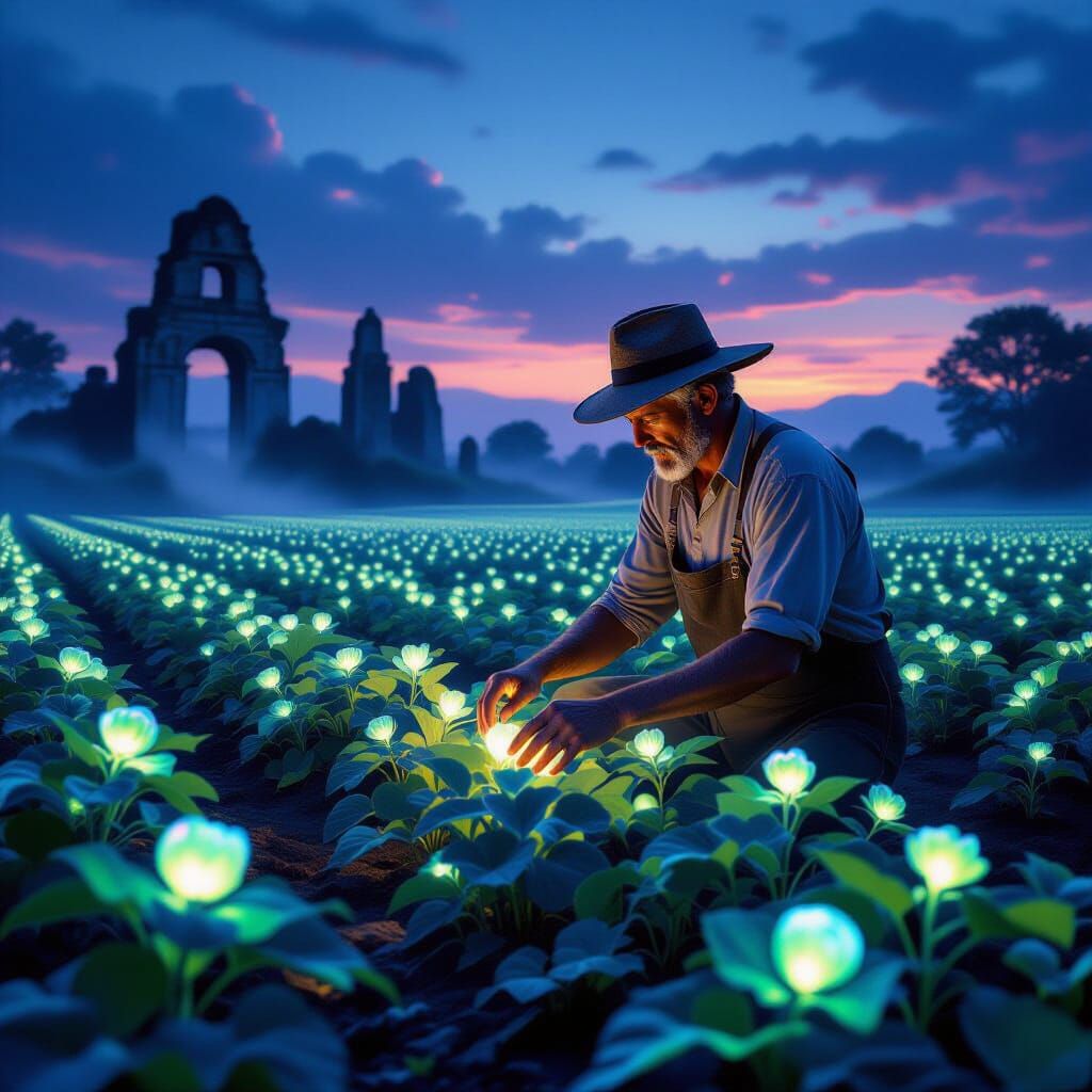 Farmer Tends Glowing Crops in Misty Twilight Ruins