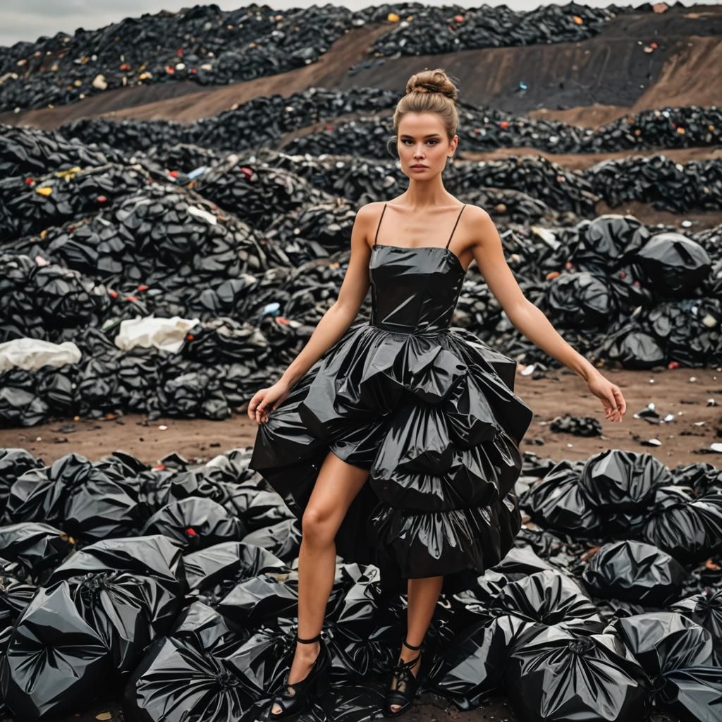 Elegant Girl Posing in Dress Made of Garbage Bags