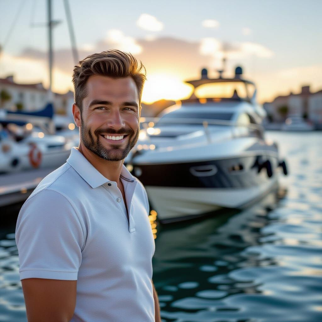 Smiling Man in La Rochelle Harbor with Yacht