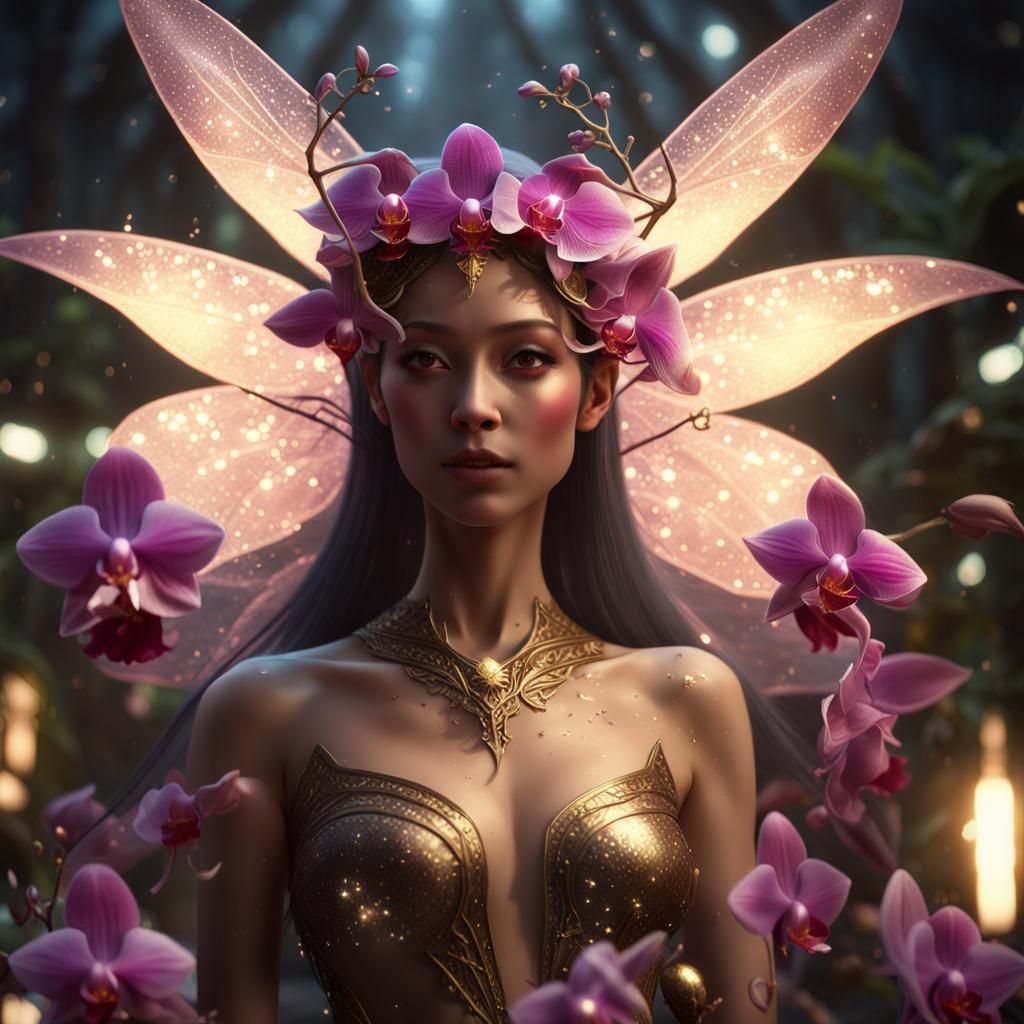 Orchid Fairy with Sparkling Wings, Hyperdetailed Art