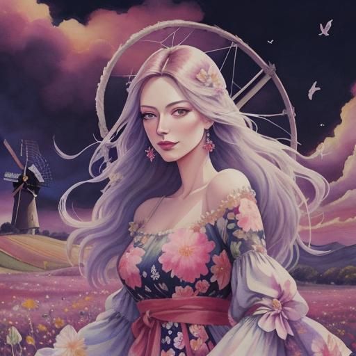 Watercolor Windmill in Field of Flowers