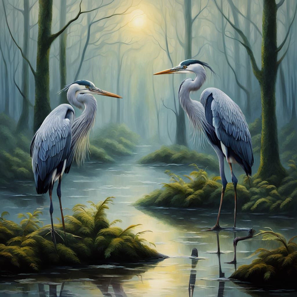 Herons in Misty Forest, Surreal Oil Painting