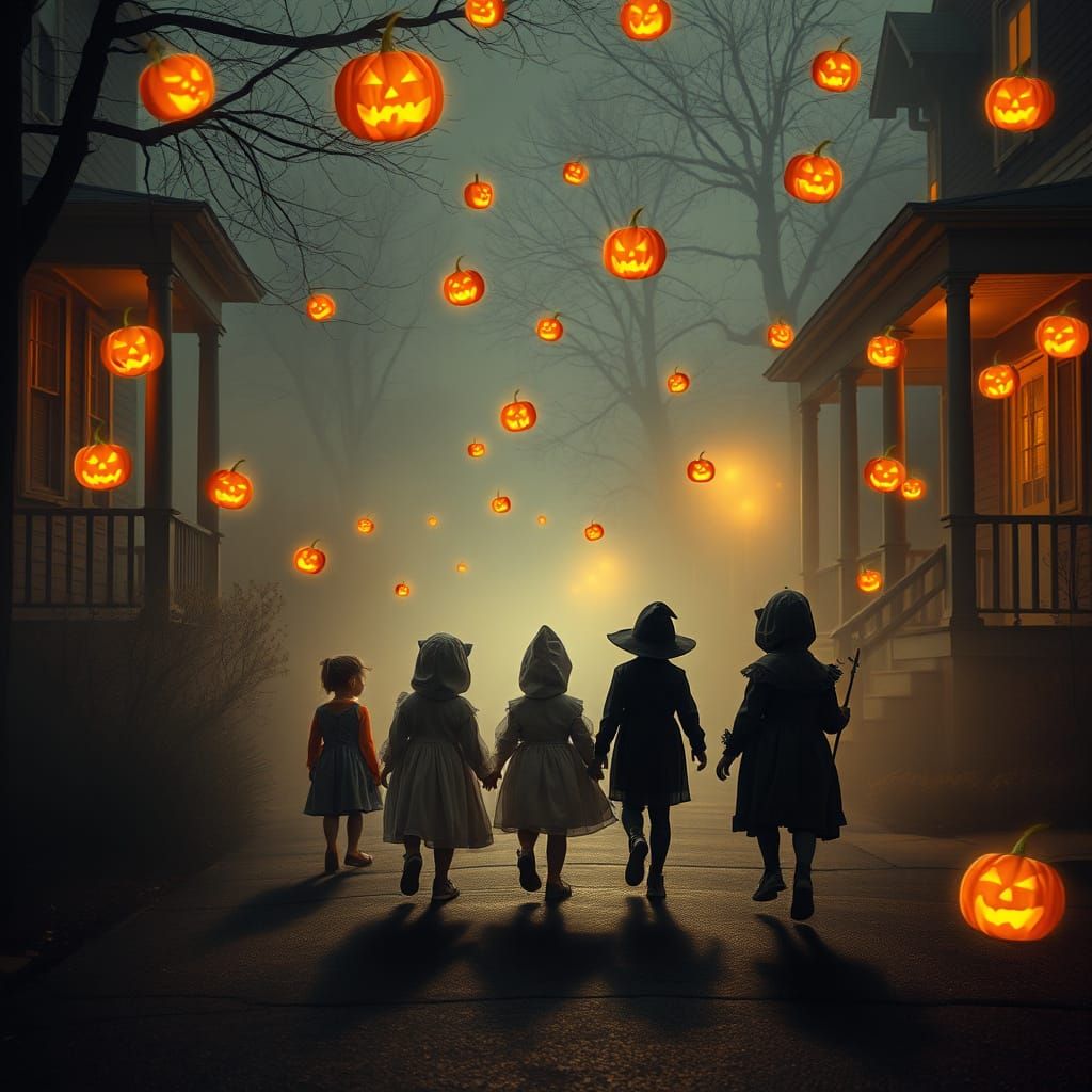 Eerie Halloween Night: Children in Vintage Costumes