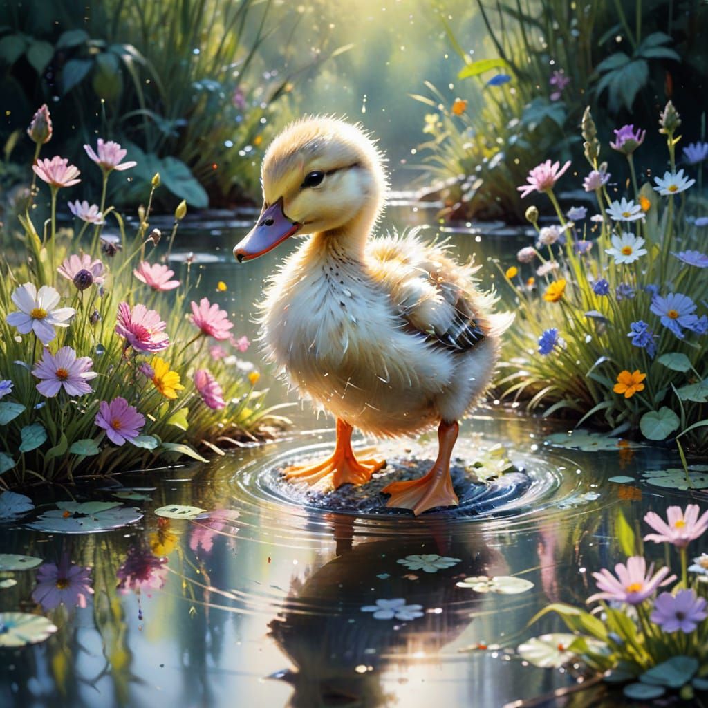 Playful Duckling in Sunlit River Garden: Watercolour Art