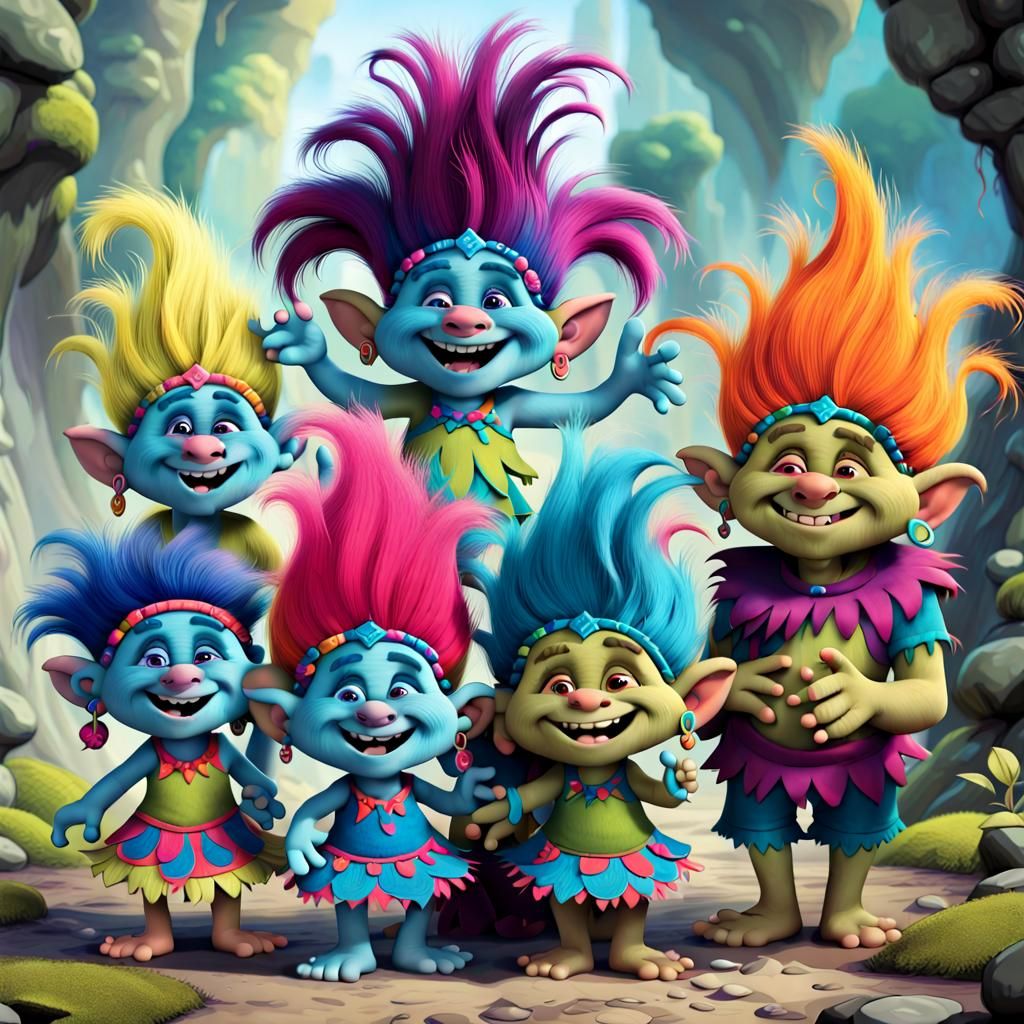 A troupe of animated trolls,  bursting joyfully into laughte...