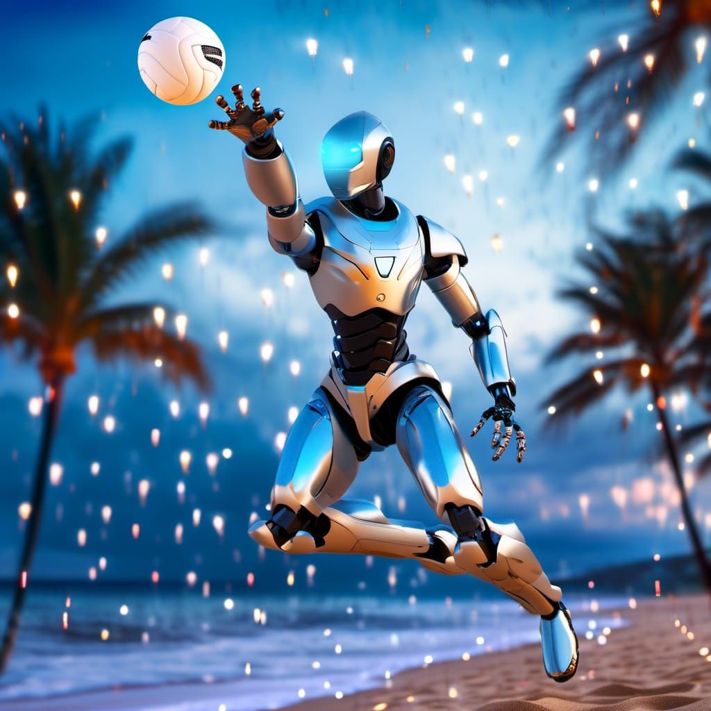 Futuristic Robot Spiking Volleyball on Tropical Beach