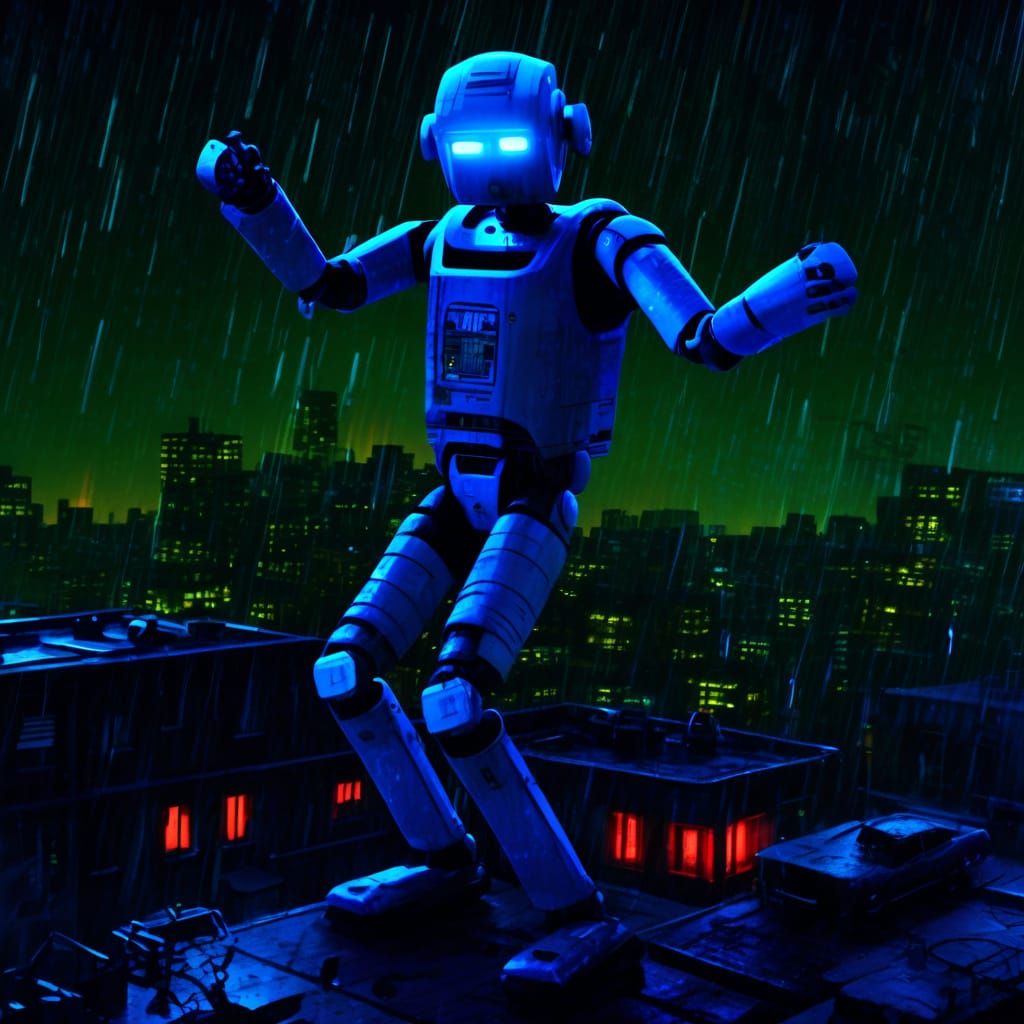 Chrome Robot Overlooks Neon Cyberpunk Cityscape
