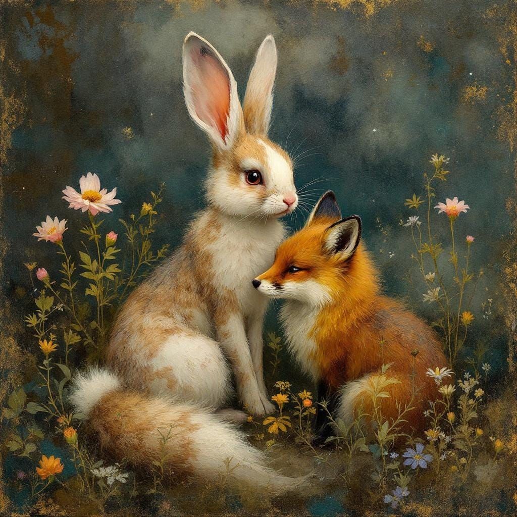 Fox and Bunny in Art Nouveau Harmony