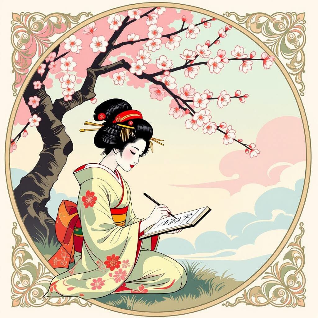 Practicing calligraphy under a blossoming cherry tree