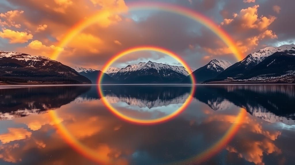 Surreal Rainbow Reflected in Serene Mountain Lake