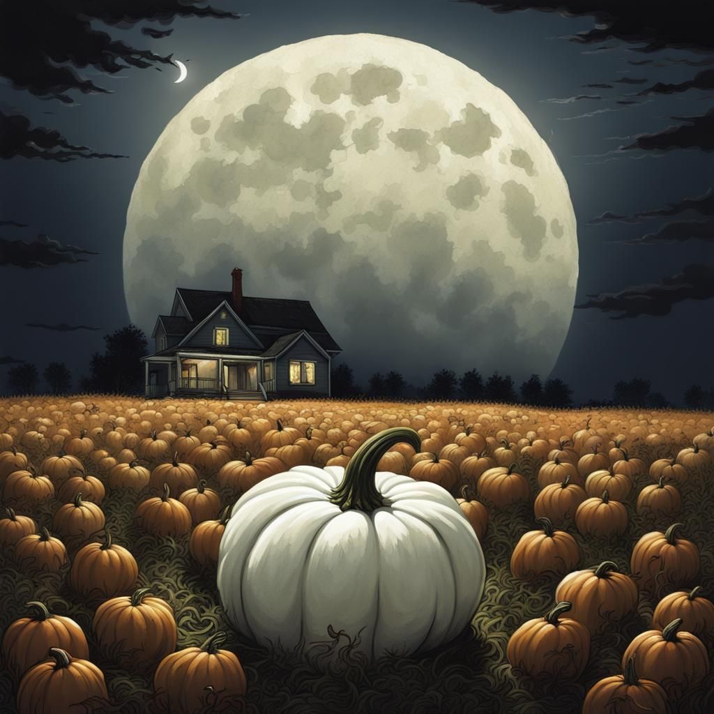 Sinister White Pumpkin Under a Full Moon