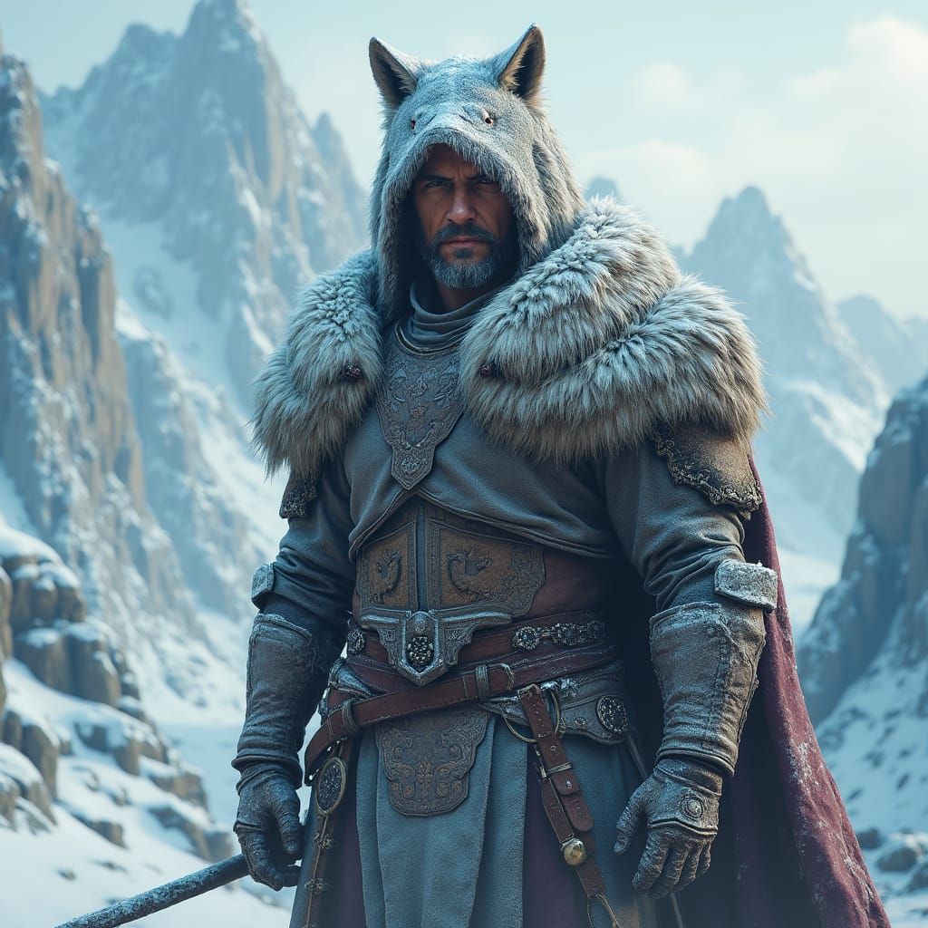 Winter Warrior in Wolf Fur Hood on Mountain