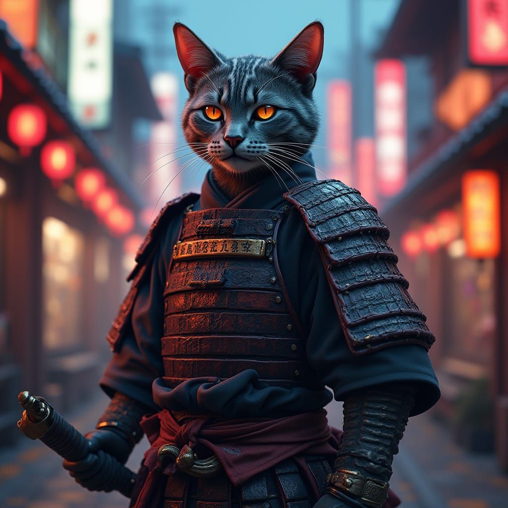 Tattooed Samurai Cat in Neon Tokyo Streetscape