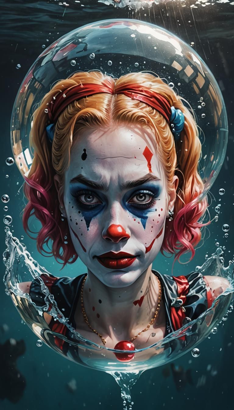 Harley Quinn Clown Portrait in Ocean Bubble