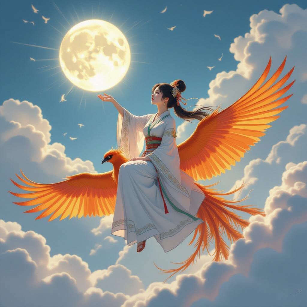 Girl on Phoenix Reaching for Moon in Ethereal Style